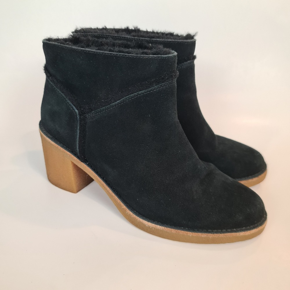 UGG Kasen Black Suede Sheepskin Lined Block Heel Ankle Boots Womens 10 Bootie